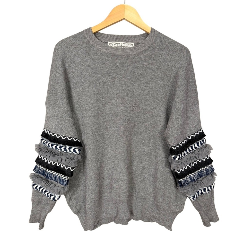 Pink Martini Gray Ribbed Crew Neck Sweater Embellished Sleeve Detail Size S NWOT